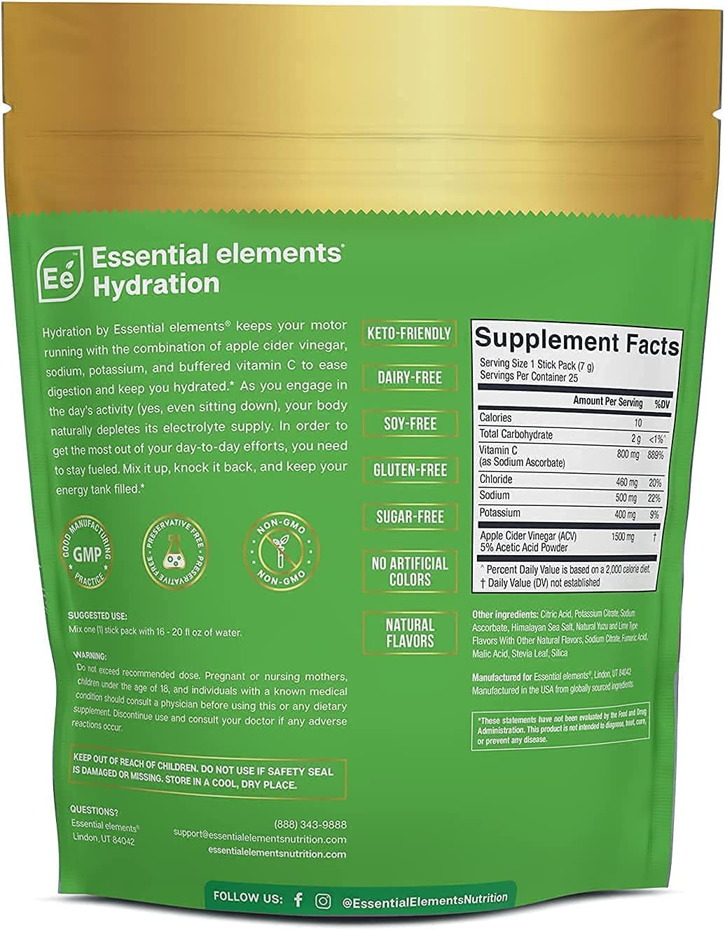 Hydration Powder Packets - Yuzu Lime Flavor | Sugar Free Electrolyte Drink Mix | with ACV & Vitamin C | 25 Stick Packs - by Essential elements
