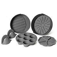 EM 5-Pack Air Fryer Silicone Liners - Includes Silicone Mitts, Egg Bites Tray, Waffle Mold, Silicone Cupcake Liners, Pot - Compatible with 5-7 Quart Air Fryers - Reusable, Food-Grade, Dishwasher-Safe