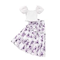 Girl's 2 Piece Short Sleeve Square Neck Ruffle Hem Blouse Shirt Top and Floral Print Skirt Sets