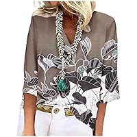 Womens Summer Tops 2023 Sexy 3/4 Sleeve V Neck Tunic Tshirts Trendy Casual Loose Plus Size Blouses Dressy Ladies Fashion Floral Printed Hawaiian Tops Graphic Tees Vintage Cute(A Khaki,Large)