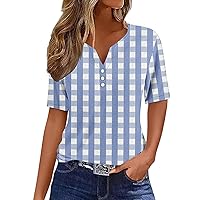 2024 Summer Womens Henley Tunic Tops Trendy Plaid Shirts Button Down T-Shirts Short Sleeve V-Neck Casual Blouses