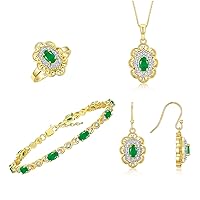 Rylos Women's Jewelry Set: Yellow Gold Plated Silver Floral Tennis Bracelet, Earrings, Ring & Necklace. Gemstone & Diamonds, 7