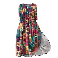 Flower Dresses for Women 2024, Womens Floral Print Lapel Buttoned 3/4 Sleeves Strappy Dress, S, 3XL