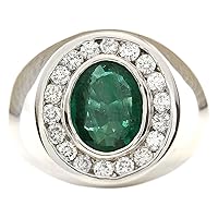 3.82 Carat Natural Green Emerald and Diamond (F-G Color, VS1-VS2 Clarity) 14K White Gold Luxury Statement Ring for Men Exclusively Handcrafted in USA