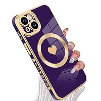 tharlet Magnetic Shockproof for iPhone 15 Case [Compatible with Magsafe] Cute Love Luxury Plating Edge Bumper Case with Full Camera Lens Case for iPhone 15 Phone Case, Purple (6.1