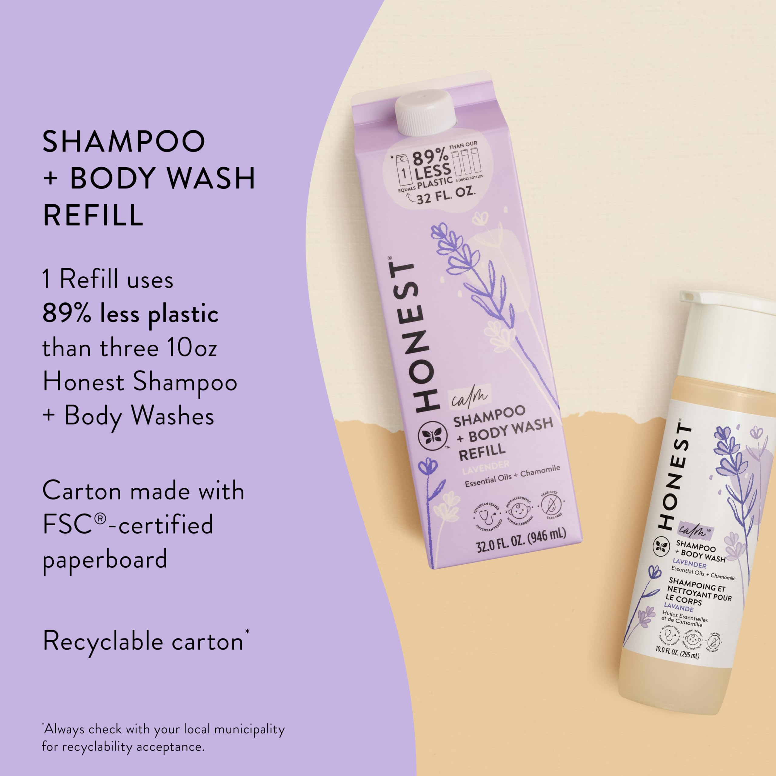 The Honest Company 2-in-1 Cleansing Shampoo + Body Wash Refill Carton | Gentle for Baby | Naturally Derived, Tear-free, Hypoallergenic | Lavender Calm, 32 fl oz