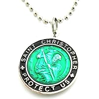 St. Christopher Large Surf Medal Necklace Pendant, Protector of Travel gr-bk Geen-Black