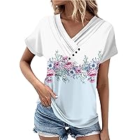 Women's Summer Bohemian Shirt,Floral Graphic Short Sleeve V-Neck Button-Down T-Shirt Plus Size Casual Dressy Shirt