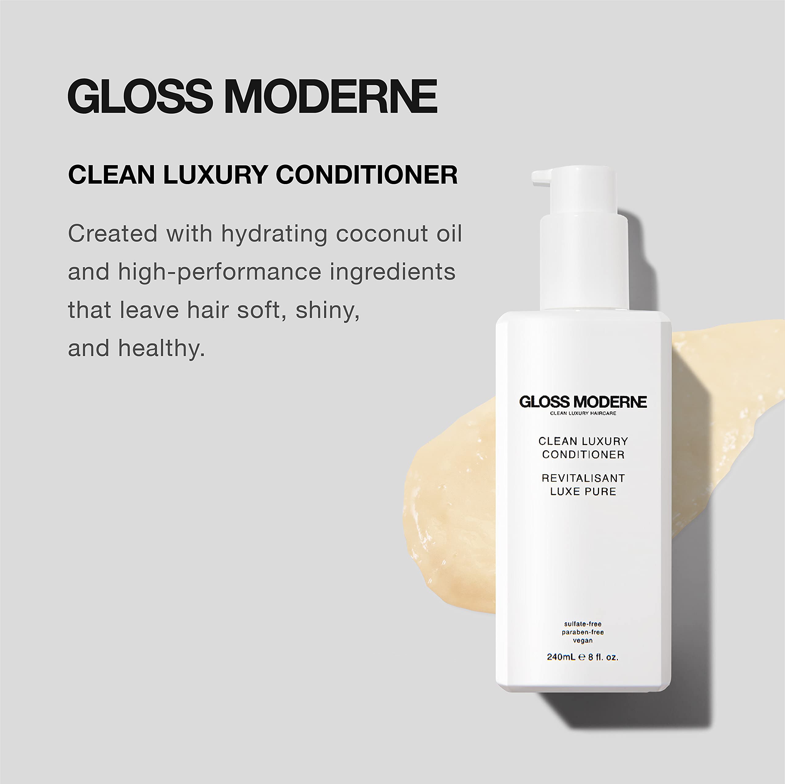 Clean Luxury Hair Conditioner by GLOSS MODERNE - 8 Fl Oz - Treatment for Damaged and Dry Hair with Notes of Mediterranean Almond and Coconut Accented with Cognac - For Soft and Shiny Hair