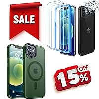 CANSHN Magnetic Case for iPhone 12 Deep Green + 3 Pack Screen Protector for iPhone 12 [6.1 inch] + 3 Pack Tempered Glass Camera Lens Protector with Easy Installation Frame - 6.1 Inch