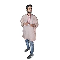 Indian Men's Shirt Wedding Wear Kurta Casual Embroidered Tunic Peach Color Plus Size
