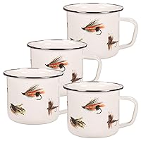 Golden Rabbit Enamelware - Fishing Fly Pattern - Set of 4-24oz Grande Mugs