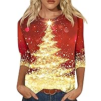 Christmas Tree Womens Tops 2024 Fall Women's 3/4 Sleeve Round Neck Floral Print Tshirt Slim Tops Cute Light Color Losses