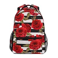 ALAZA Red Rose Flower Stripes Floral Striped Backpack Purse with Multiple Pockets Name Card Personalized Travel Laptop School Book Bag, Size S/16 inch
