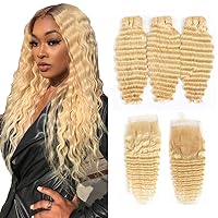 613 Curly Deep Wave Blonde Bundles With Closure 613 Platinum Blonde Human Hair 3 Bundles with Transparent Color 4x4 Lace Closure Brazlian Curly Remy Hair Extension (16 16 16 with 14)