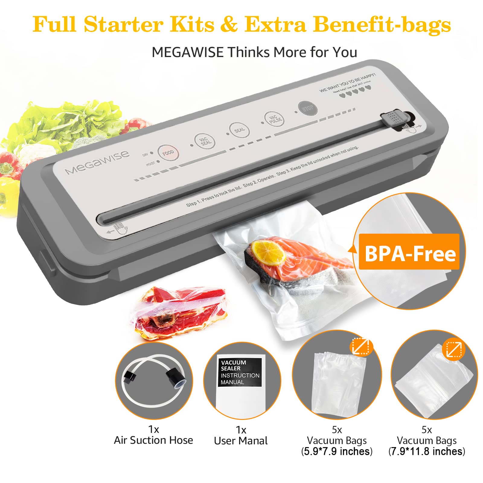 MEGAWISE Vacuum Sealer Machine, Portable Strong Suction Power Food Sealer, Bags and Cutter included with External Vacuum Function, Freshness Saver（Silver)