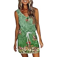 Sundresses for Women Casual Beach V Neck Mini Dress Trendy Floral Drawstring T Shirt Dress with Pockets