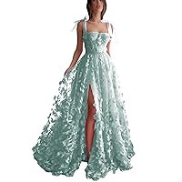 Sleeveless Tulle Prom Dress A-line Lace High Split Summer Dress Spaghetti Straps Homecoing Party Dress