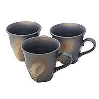 Mino Ware Japanese Cafe Series Rough Twist Coffee Bowl, Black Painted Blown Ink, Set of 3