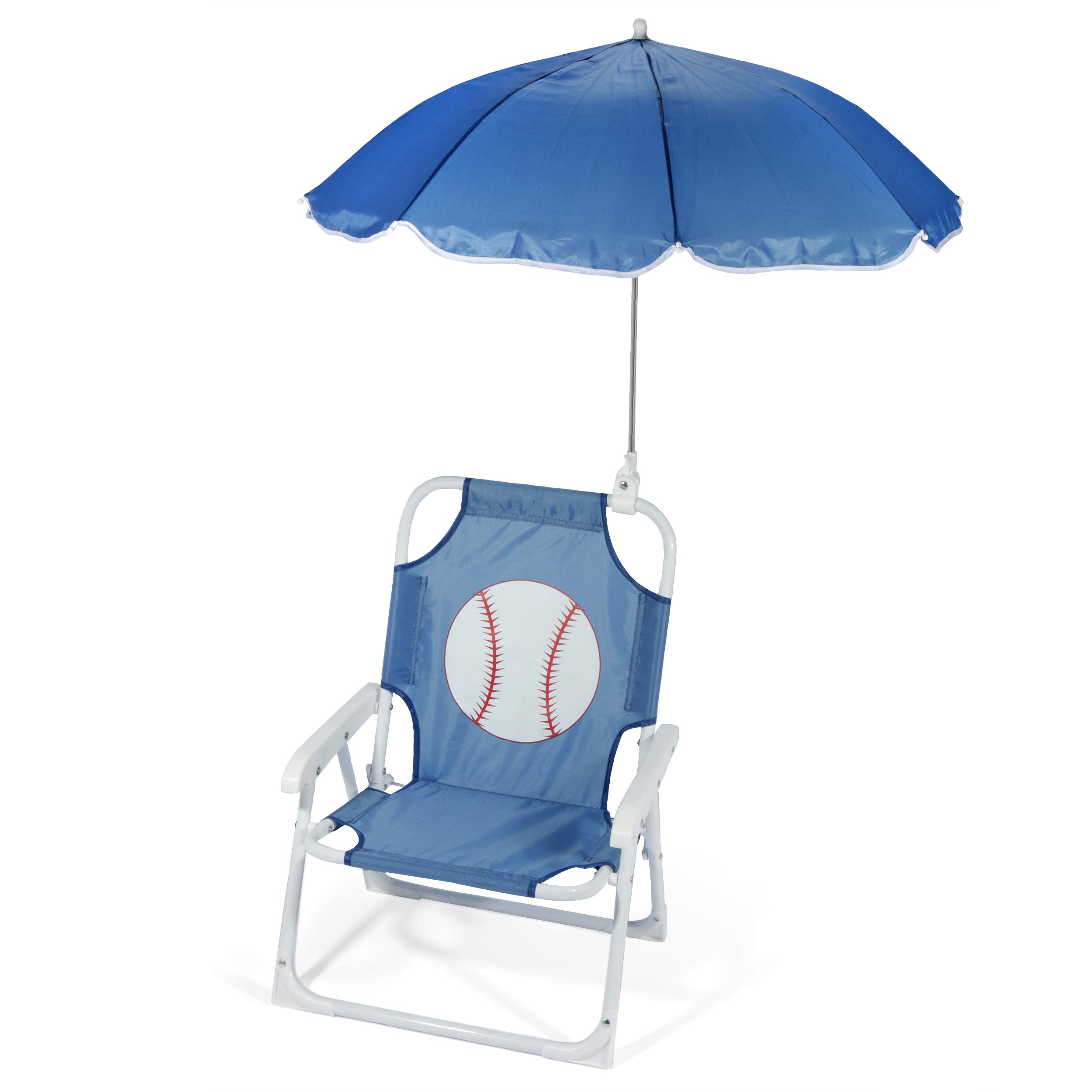 Heritage Kids Outdoor Beach Chair for Kids with Clip on Umbrella, Blue Baseball