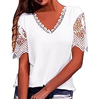 Spring Blouses for Women 2024 Women's Loose V Neck T Shirt Shirt with Lace Stitching Scoop Neck Long Sleeve Sh