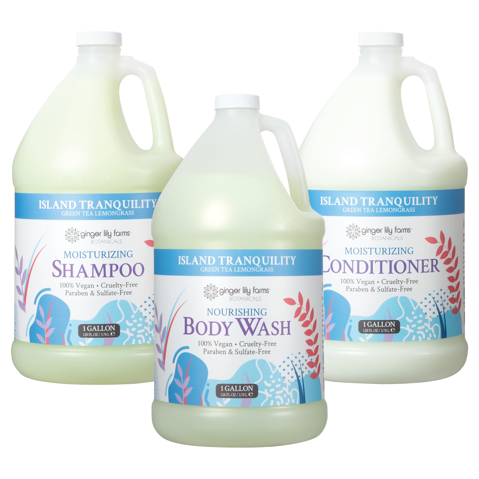 Ginger Lily Farms Botanicals Shampoo + Conditioner + Body Wash Bundle, Island Tranquility, 1 Gallon Each