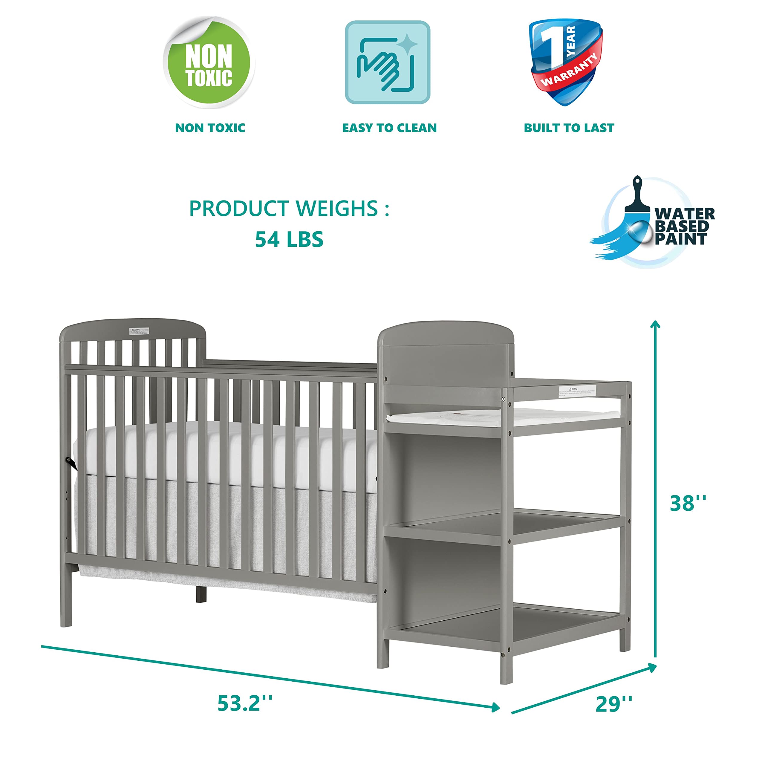 Dream On Me Anna 3-in-1 Full-Size Crib and Changing Table Combo in Steel Grey, Greenguard Gold Certified, Non-Toxic Finishes, Includes 1