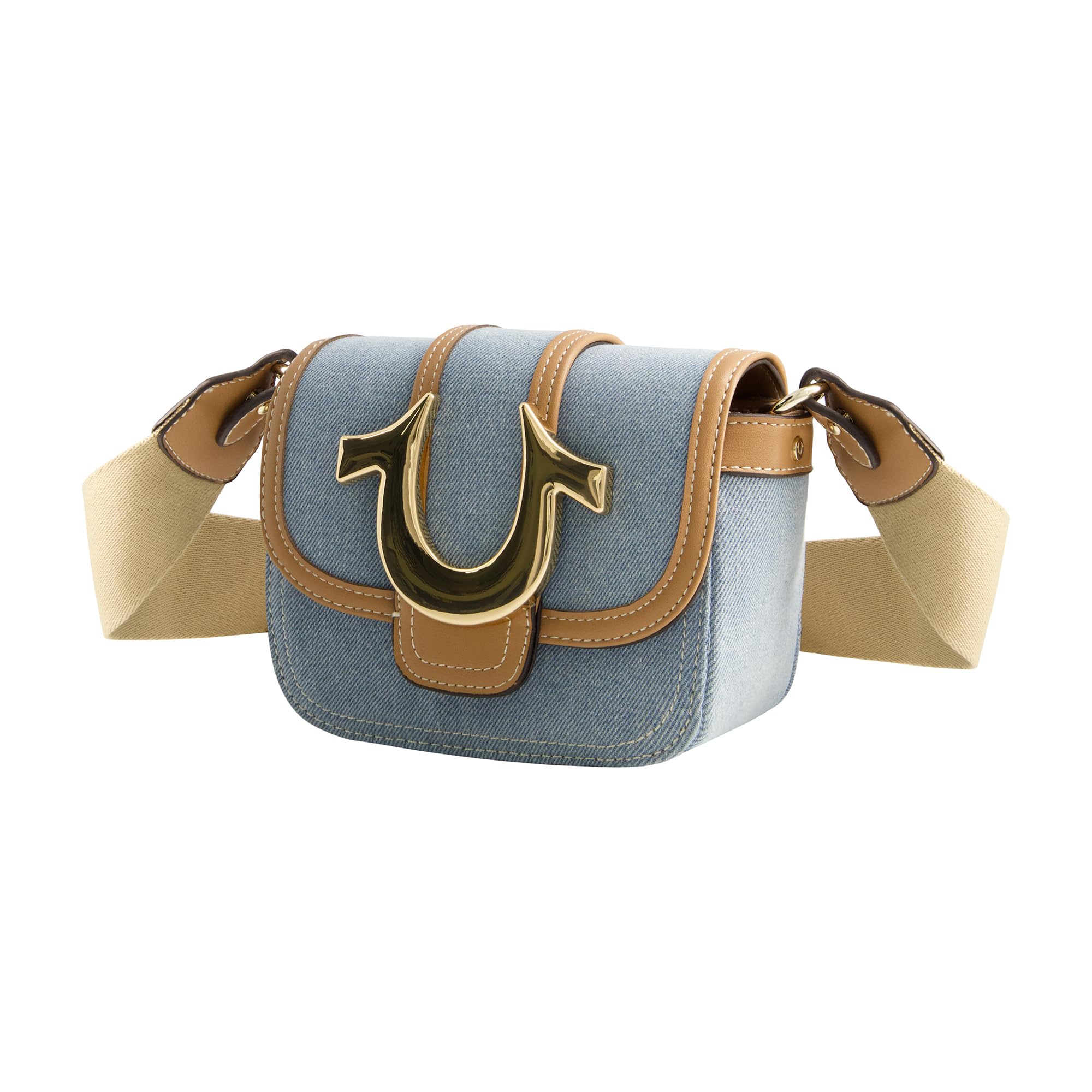 True Religion Women's Crossbody Bag, Denim Mini Flap Adjustable Shoulder Handbag with Horseshoe Logo, Light Blue
