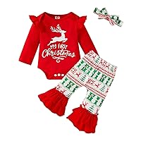 My First Christmas Clothes Newborn Baby Girl Long Sleeve Romper + Bell-Bottomed Pants Headband 3pcs Xmas Outfits