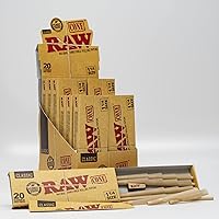 RAW Cones 1 1/4 Size: 20 Pack - Patented Slow Burning Pre Rolled Cones & Tips, Green Blazer Sticker | Box of 12 Packs, 240 Total Cones