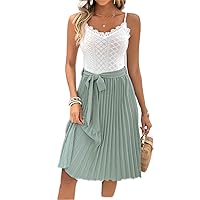 Two Tone Guipure Lace Panel Pleated Hem Belted Cami Dress