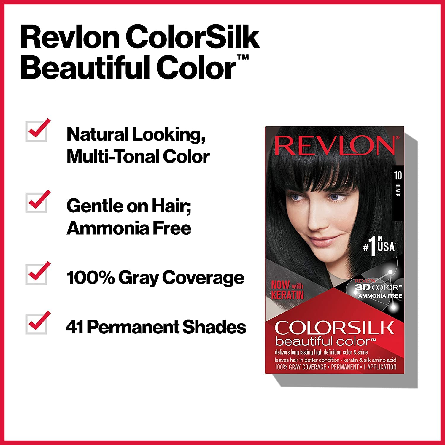 Revlon Permanent Hair Color, Permanent Hair Dye, Colorsilk with 100% Gray Coverage, Ammonia-Free, Keratin and Amino Acids, 10 Black, 4.4 Oz (Pack of 3)