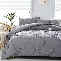 DOWNCOOL Queen Comforter Set - 3 Pieces Cute Pinch Pleat Bed Set, Grey Pintuck Queen Size Comforter Sets for All Season, Soft Fluffy Comforters Queen Size Set with 1 Comforter & 2 Pillowcases