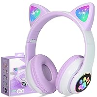 Wireless Headphones Cat Ear LED Light Up Bluetooth Foldable Headphones Over Ear w/Microphone for Online Distant Learning (Purple)