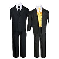 Unotux 7pc Boys Black Suit with Satin Yellow Vest Set from Baby to Teen