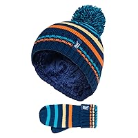 Kids Boys Knit Winter Fleece Insulated Pompom Hat and Mittens Set