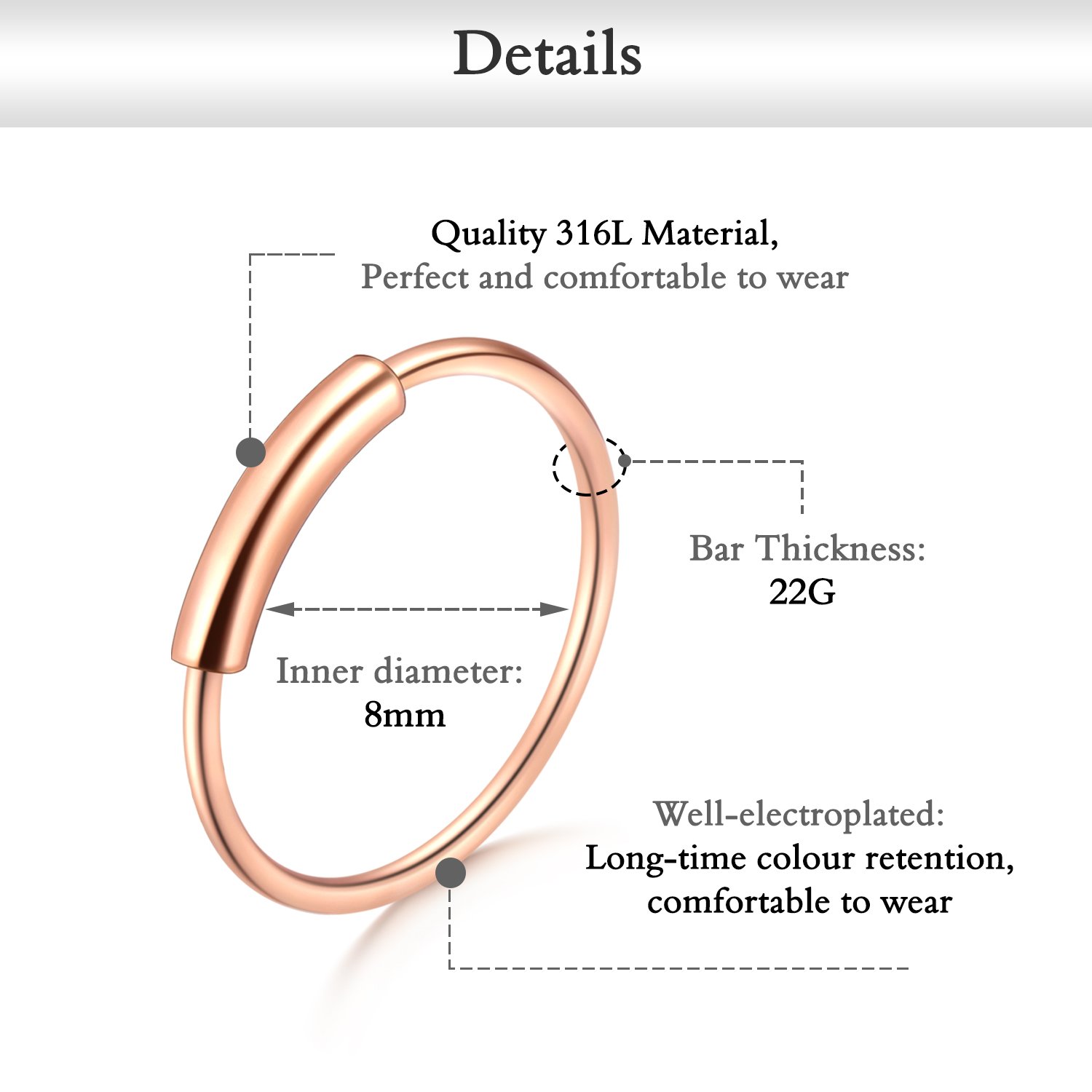 D.Bella Nose Ring Hoop, 22G 8mm Nose Rings Studs Piercings Hoop Jewelry Stainless Steel 1.5mm 2mm 2.5mm