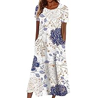 Floral Dress for Women,Summer Dress for Women Casual Printed Round Neck Short-Sleeve Beach Swing Dress
