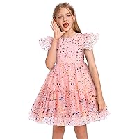 ODASDO Girls Tutu Tulle Ruffle Sleeve A-line Princess Dresses for Birthday Party Pageant Evening Holiday Formal Occasion