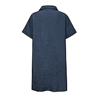 Plus Size Women Classic Short Sleeve T-Shirt Jean Dress Summer Lapel Button Down Midi Thin Denim Dress with Pockets