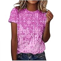 Womens Tops Elegant Floral Print Shirts 2024 Summer Loose Blouse Flower Graphic Short Sleeve Casual Round Neck Tees