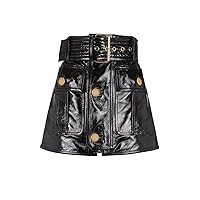 Women's All-Match Black Patent Leather Skirt Gold Single Breasted Belt Slim Skirts