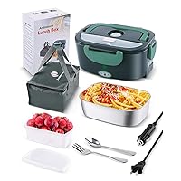 80W Faster Electric Lunch Box, Home Office Truck Car Food Warmer, Portable Food Heater with 304 Stainless Steel Container, Spoon & Fork and Carry Bag (GreyGreen)