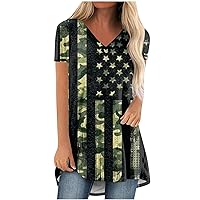 Womens Plus Size Fourth of July Shirts Henley Shirt Blouses for Women Button Down Womens Short Sleeve Blouse American Shirts Womans Shirt Tunics Fashion Ladies Tops and Blouses Shirts Greens