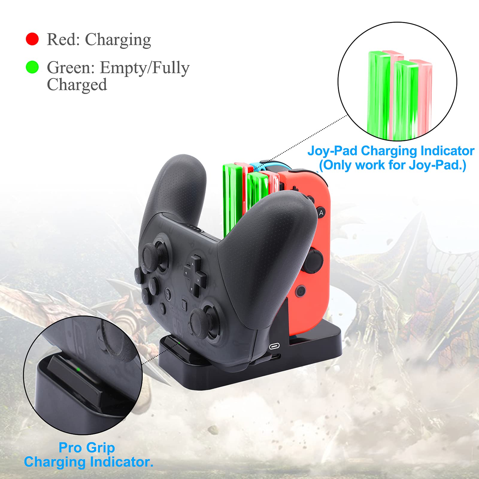 FastSnail Controller Charger Compatible with Nintendo Switch & OLED Model for Joycon, Charging Dock Station for Joy con and for Pro Controller with Charger Indicator and Type C Charging Cable