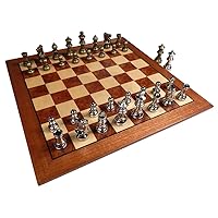 Hayes Inlaid Maple, Mahogany, and Sapele Wood Chess Board with Metal Pieces, 2.5 Inch King, and Extra Queens (Large 15 x 15 Inch Set)