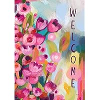 Toland Home Garden 1112534 Pink Flower Welcome Spring Flag 12x18 Inch Double Sided Spring Garden Flag for Outdoor House Flag Yard Decoration