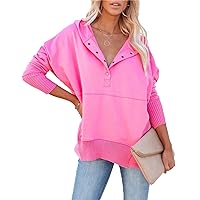 Women's V-Neck Hooded Bat Sleeve Sweater Button Henley Hoodies Pullover Long Spliced Loose Jumpers Ribbed Tops