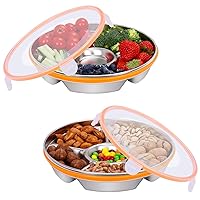 KesaPlan Veggie Tray with Lid and Dip - 2 Pack Divided Serving Tray with Lid Snack Tray with Lid Stainless Steel 6 Compartments 10inch 60oz for Party Platter,Vegetable Relish Fruit Tray,Snackle box