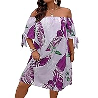 SOLY HUX Women's Plus Size Tropical Print Off Shoulder Knot Half Sleeve Tunic Short Dress Boho Summer Dresses